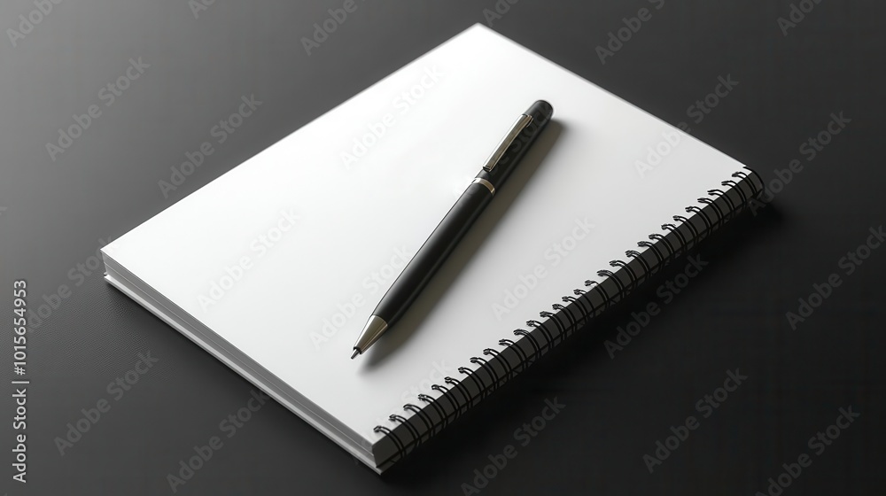 Notebook mockup with clean white paper and a sleek pen lying on the side, bright cool lighting, ultrarealistic textures, perfect for design and branding Notebook mockup with clean white paper and a sleek pen lying on the side, bright cool lighting, ultrarealistic textures, perfect for design and branding