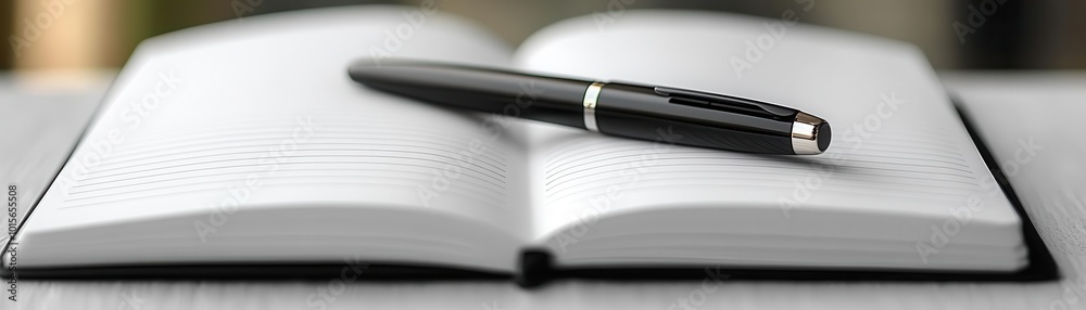 Sideangle view of an open minimalist notebook with a sleek pen resting on the page, sharp lighting, ultrarealistic detail of paper texture and pen finish Sideangle view of an open minimalist notebook with a sleek pen resting on the page, sharp lighting, ultrarealistic detail of paper texture and pen finish