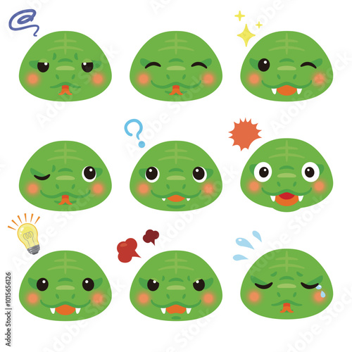 緑色の蛇のキャラクター　表情　顔のみ2