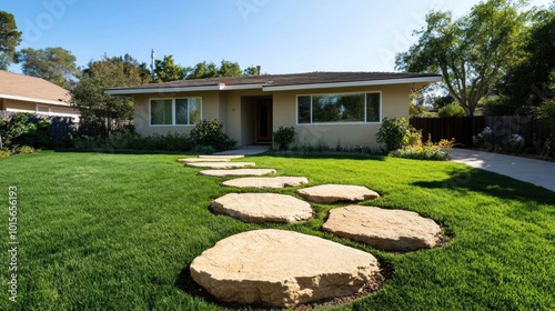 Beautiful Ranch-style Home with Natural Stone Pathway and Lush Green Lawn photo