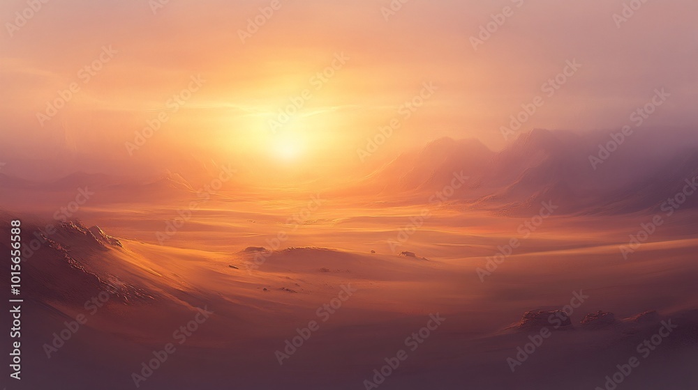 A picturesque desert landscape with a glowing sun rising over the horizon. A picturesque desert landscape with a glowing sun rising over the horizon.