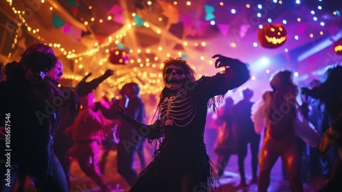 Enjoy a vibrant Halloween party scene filled with costumed revelers dancing under colorful lights, showcasing a joyful and spooky atmosphere for all to enjoy.