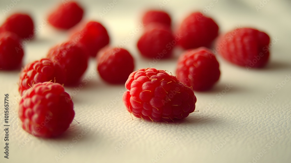 19. Fresh raspberries scattered on a white surface 19. Fresh raspberries scattered on a white surface
