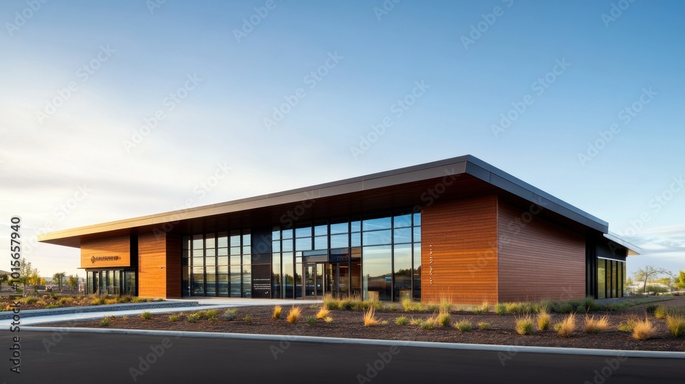 Modern Architectural Design of a Sustainable Building Featuring Large Glass Facades and Wood Elements Modern Architectural Design of a Sustainable Building Featuring Large Glass Facades and Wood Elements