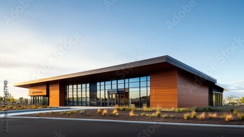 Modern Architectural Design of a Sustainable Building Featuring Large Glass Facades and Wood Elements