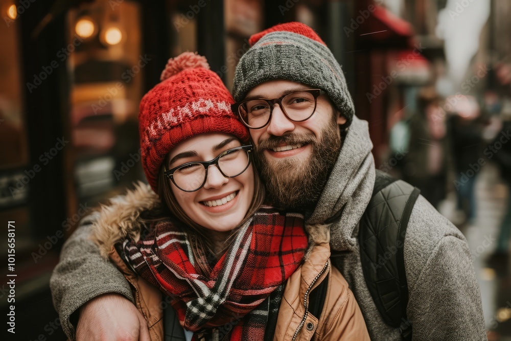 Couple in love on the streets of New York, wearing hats and scarves Couple in love on the streets of New York, wearing hats and scarves