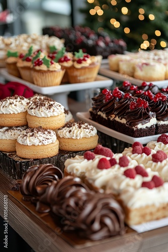 Holiday dessert contest with various cakes and cookies on display. Employees are judging and tasting the treats, Generative AI photo