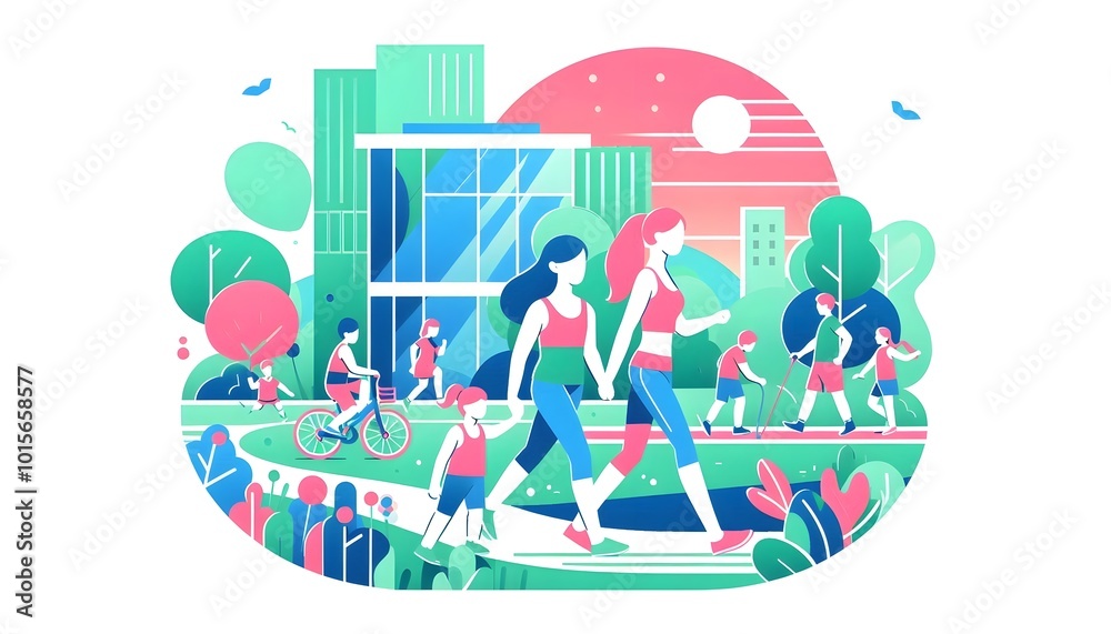 Family exercising through a park in Green, blue, pink, color block style with flat illustration. There are Buildings in the background and a curved bike path Family exercising through a park in Green, blue, pink, color block style with flat illustration. There are Buildings in the background and a curved bike path