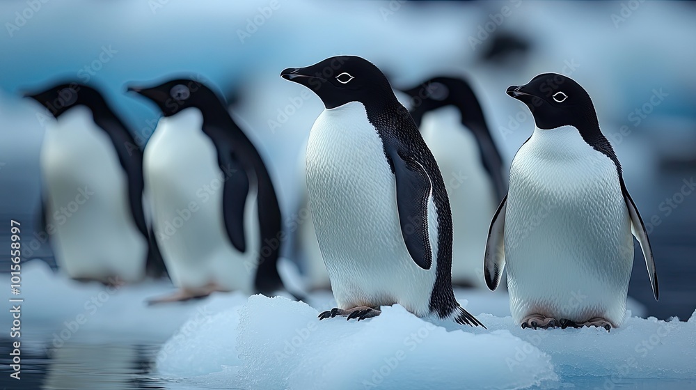 Fototapeta premium An Adelie penguin colony lives atop a floating iceberg, a symbol of resilience in the face of environmental challenges.