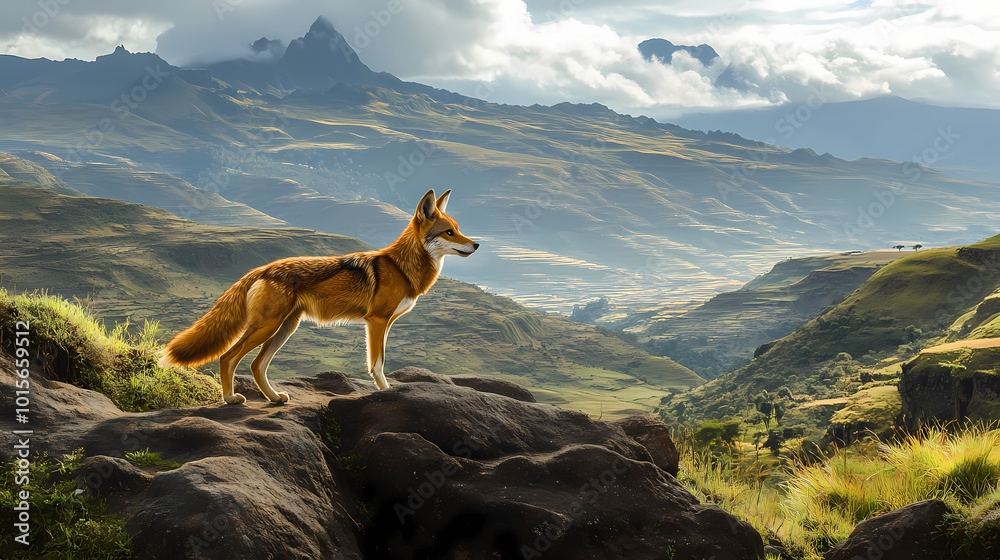 Majestic ethiopian wolf in the stunning highlands of bale mountains, showcasing the beauty of endangered wildlife in its natural habitat. Ethiopian Highlands. Illustration Majestic ethiopian wolf in the stunning highlands of bale mountains, showcasing the beauty of endangered wildlife in its natural habitat. Ethiopian Highlands. Illustration