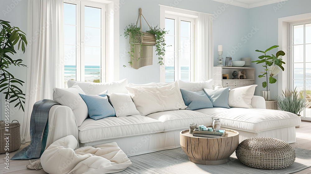 Fototapeta premium Bright coastal living room featuring a white slipcovered sofa and ocean-inspired decor. interior design concept 