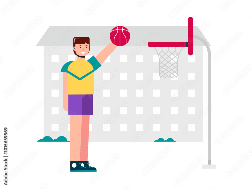 Students are playing basketball in the campus yard. Campus illustrations. Flat vector illustration. Students are playing basketball in the campus yard. Campus illustrations. Flat vector illustration.