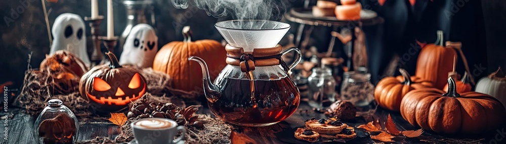 A cozy autumn scene featuring spooky decorations, pumpkins, and a steaming brew, perfect for Halloween festivities. A cozy autumn scene featuring spooky decorations, pumpkins, and a steaming brew, perfect for Halloween festivities.