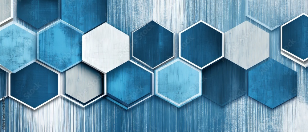 A modern abstract design featuring hexagons in shades of blue and gray, with white outlines on the edges for contrast. The background is a textured surface with small details that add depth A modern abstract design featuring hexagons in shades of blue and gray, with white outlines on the edges for contrast. The background is a textured surface with small details that add depth
