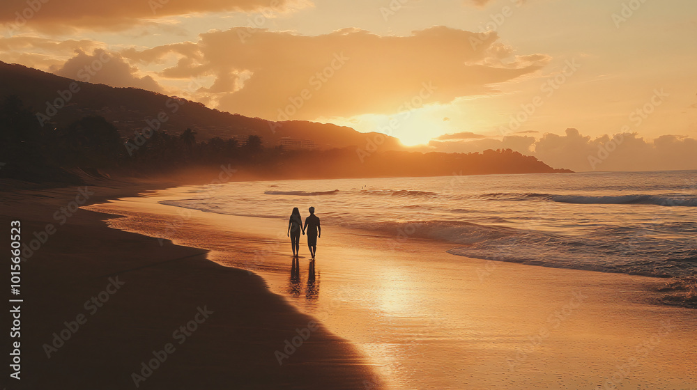 A couple walking hand in hand along the beach at sunset, creating a romantic atmosphere. A couple walking hand in hand along the beach at sunset, creating a romantic atmosphere.