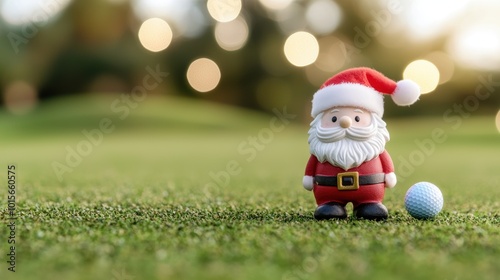 A cheerful Christmas figurine of Santa Claus stands on a golf course next to a golf ball, capturing a playful blend of holiday spirit and leisure activity.