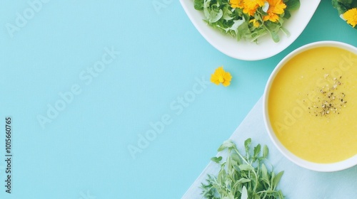 Fresh Autumn Healthy Food Vibrant Pumpkin Soup and Green Salads on Minimalist Pastel Background photo