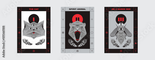 Collection of bold, modern psychedelic posters featuring abstract spirit animals. Digital illustrations of a cat, bear, and queen bee with intricate geometric designs and symmetrical patterns.