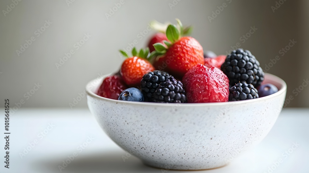 57. A bowl of assorted berries on a white table 57. A bowl of assorted berries on a white table