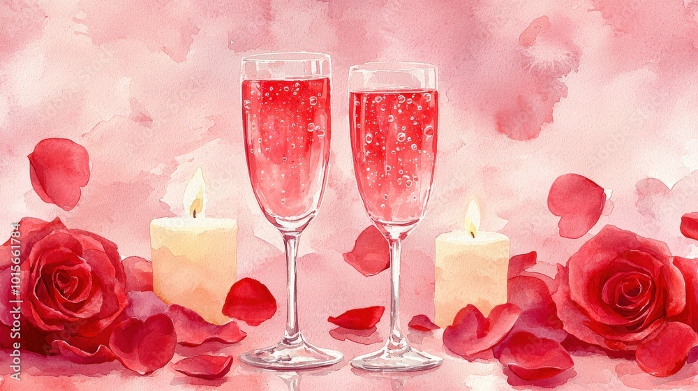 Romantic Watercolor Painting of Champagne Glasses Romantic Watercolor Painting of Champagne Glasses
