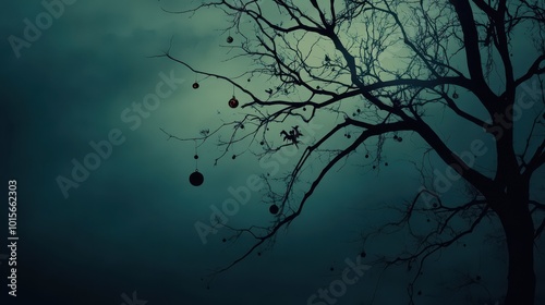 Discover an eerie twilight background featuring a silhouetted tree adorned with ornaments, perfect for your Halloween-themed projects and design needs.