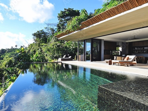 Modern villa with infinity pool overlooking lush green jungle.