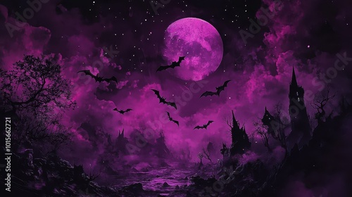 Experience a haunting Halloween scene featuring a deep purple moon illuminating a spooky landscape filled with bats and eerie clouds. Perfect for seasonal themes. photo