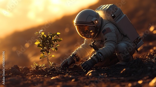 An astronaut plants a tree on Mars, symbolizing humanity’s hope for future planetary colonization and environmental sustainability beyond Earth.