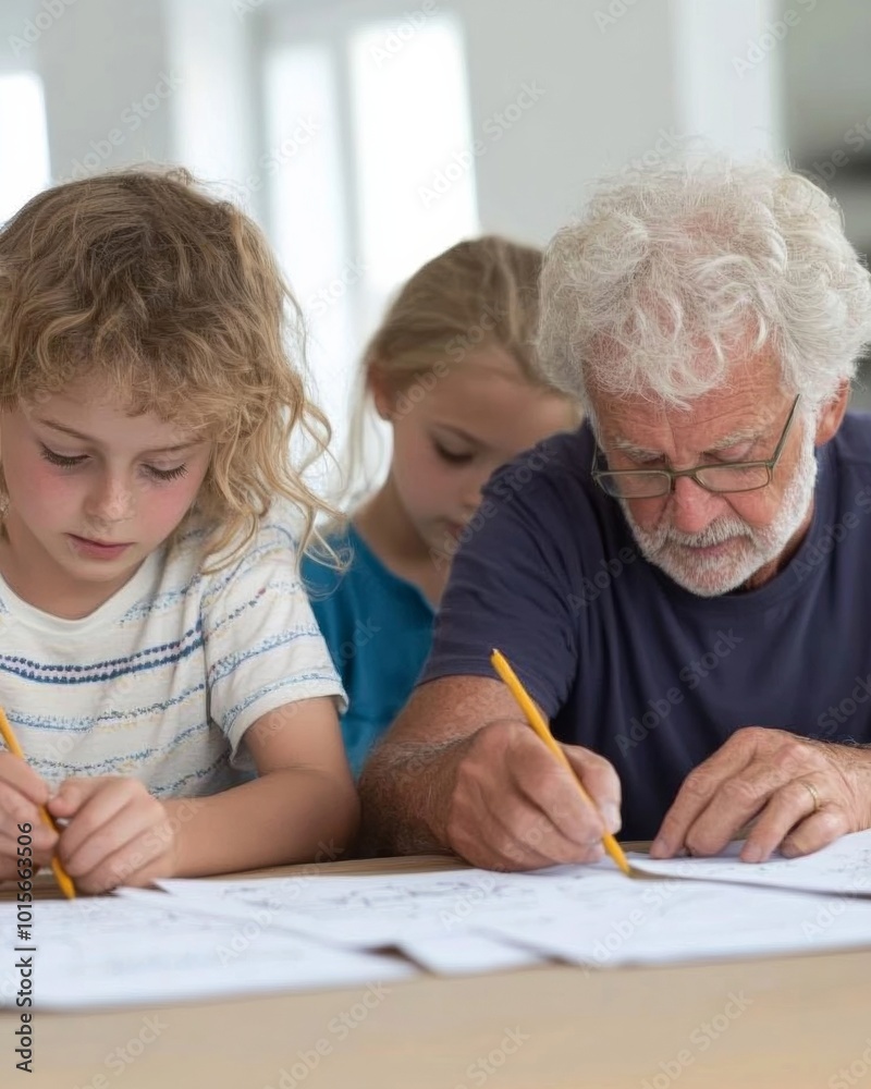 Multigenerational Family Scene Grandfather Helping Children with Homework at Home Multigenerational Family Scene Grandfather Helping Children with Homework at Home