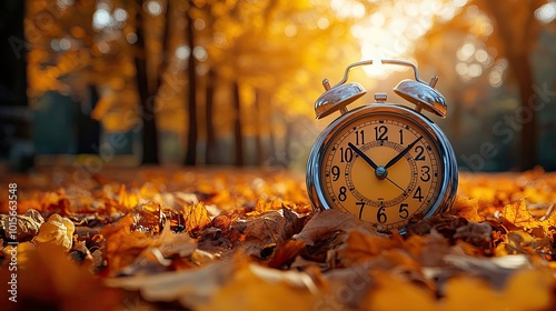 An autumn scene features an alarm clock, symbolizing the passage of time and seasonal change.