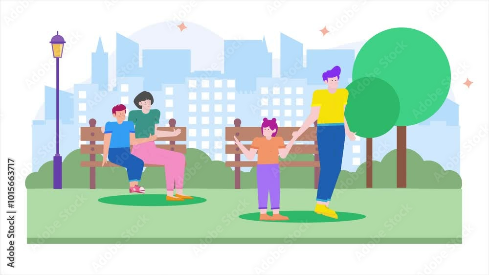 Illustration of a happy family enjoying a sunny day in a city park animated video Illustration of a happy family enjoying a sunny day in a city park animated video