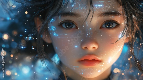 An illustration of digital identity verification using blockchain technology, with a fantasy-themed depiction of a young girl.