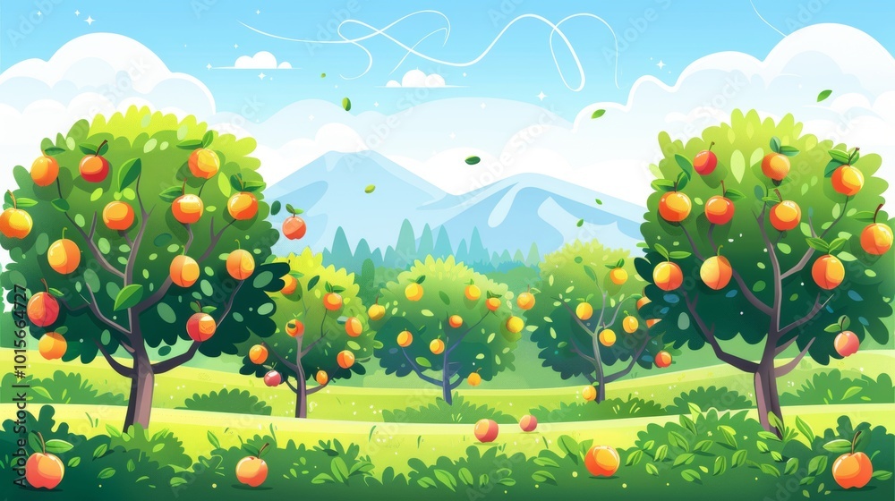 Fototapeta premium A lush green field with orange trees and mountains in the background