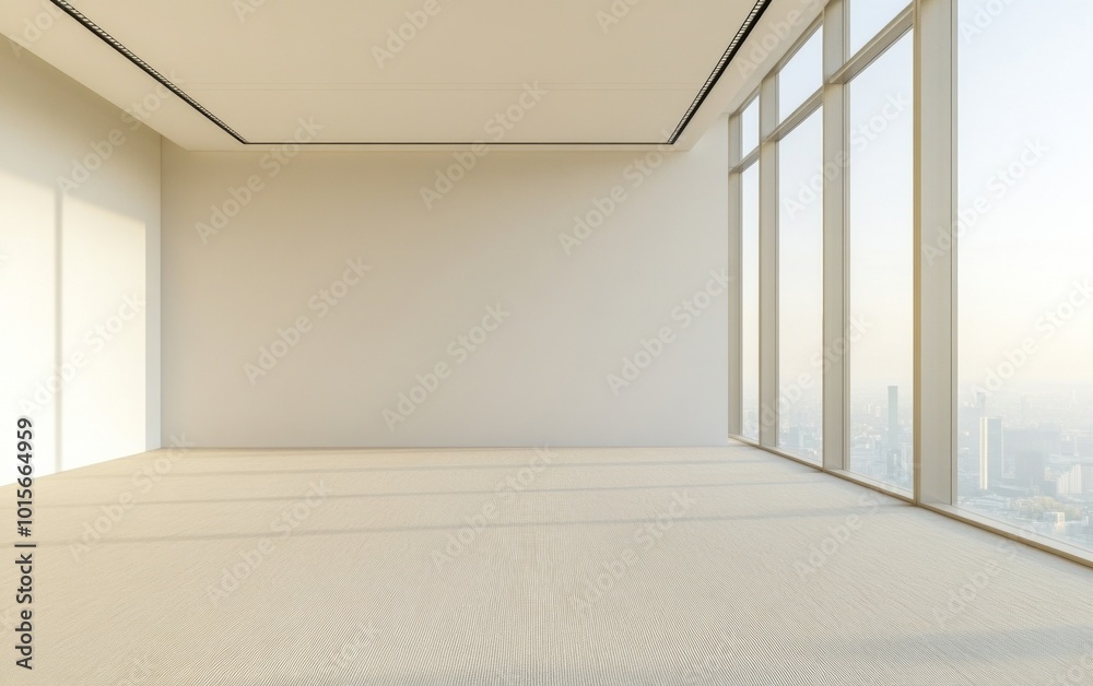 Fototapeta premium Empty Modern Office Space at Sunset with Floor-to-Ceiling Windows and City Skyline Views