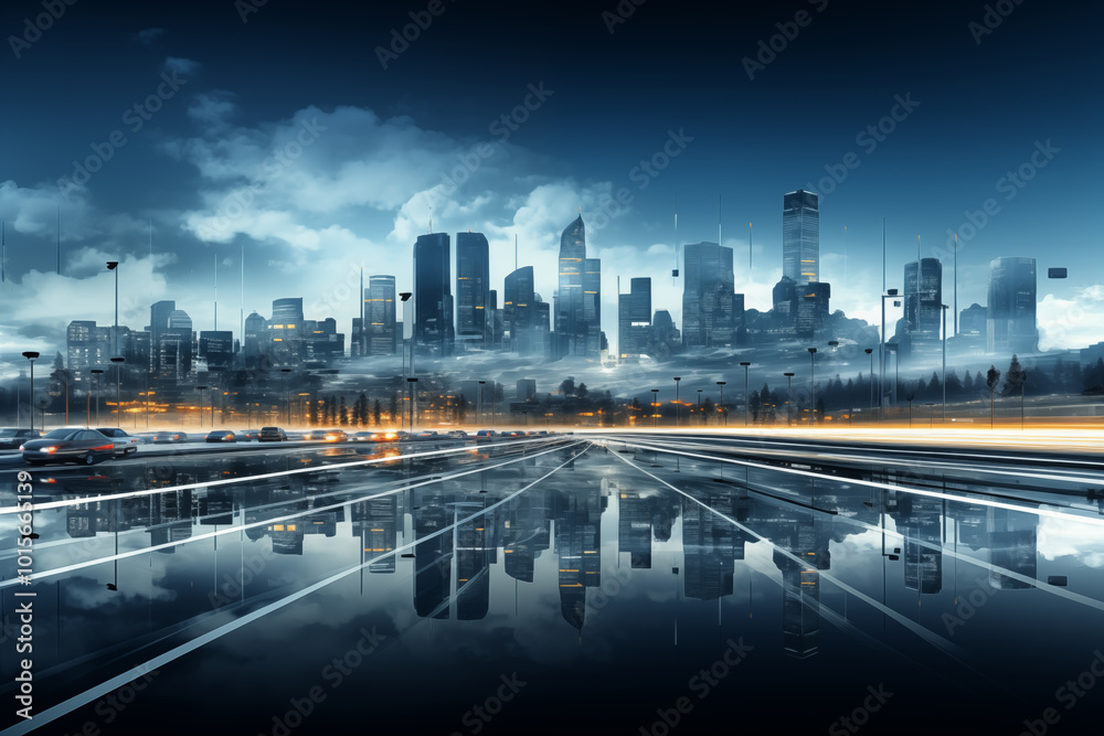 Fototapeta premium City scenery skyline road platform and traffic flow