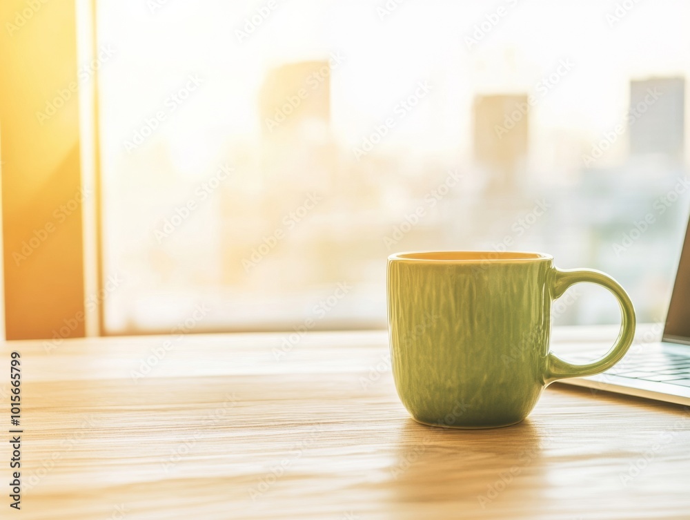 Fototapeta premium Morning Coffee in a Sunlit Modern Office with Cityscape View