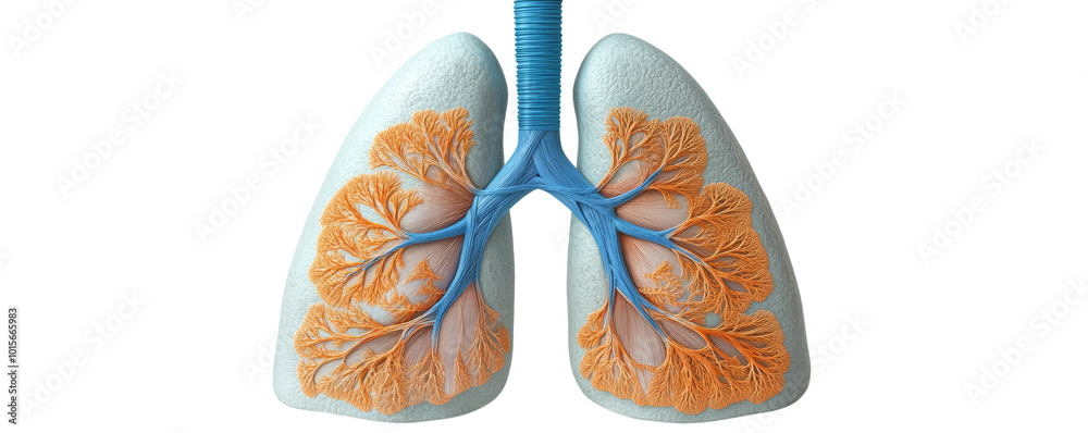 Detailed 3D illustration of human lungs showcasing bronchial tree and respiratory system anatomy with vibrant colors against a white background. Detailed 3D illustration of human lungs showcasing bronchial tree and respiratory system anatomy with vibrant colors against a white background.
