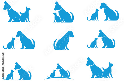 set of silhouettes of owner with dogs walking on white background Free 