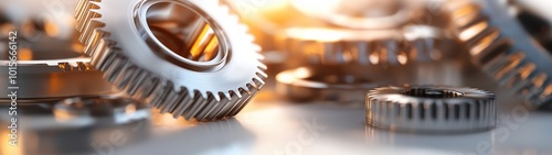 very active holographic of Close-up view of a collection of gears and mechanical parts in various sizes on a white table, highlighted by soft lighting that accentuates their textures and finishes