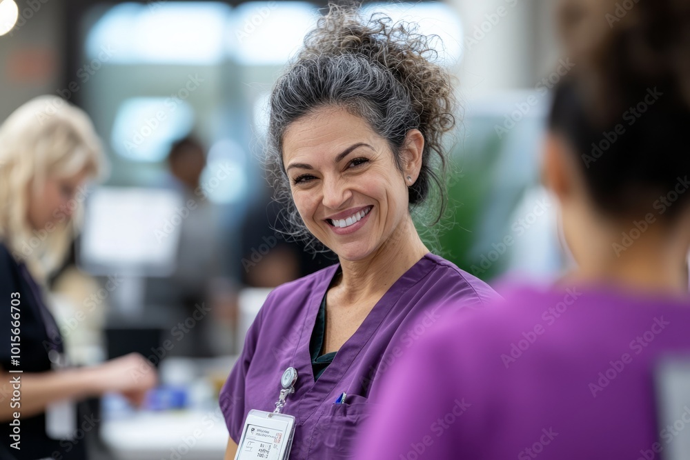 Fototapeta premium Attendees getting free health check-ups at a wellness fair. Nurses are checking blood pressure and giving advice, Generative AI 