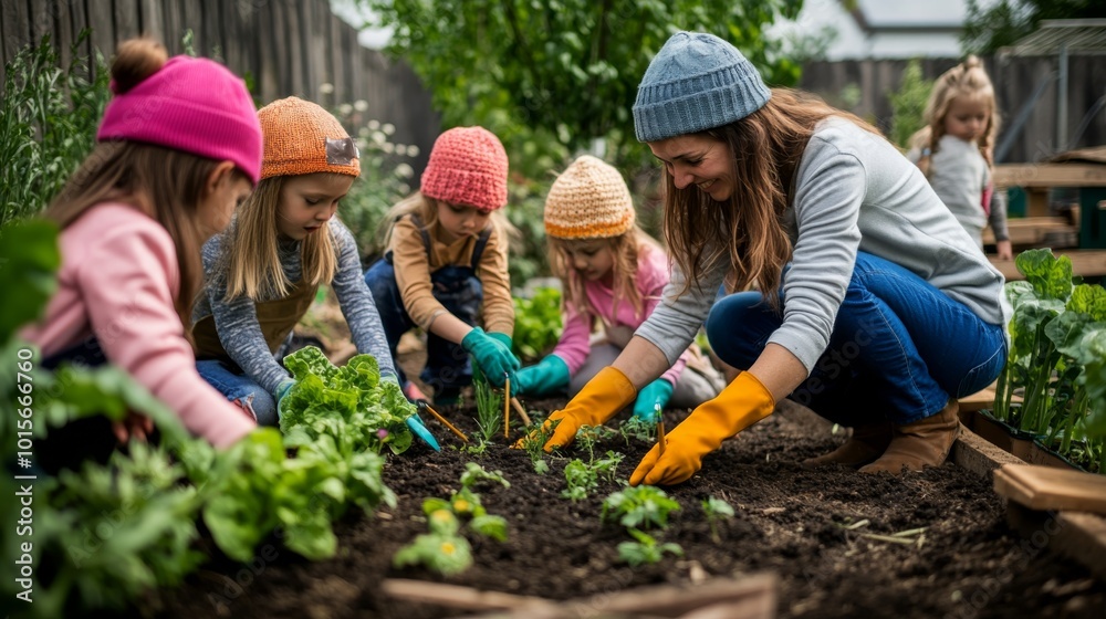 A teacher kneels beside excited children in a garden, demonstrating how to plant seeds in soil while they eagerly hold tiny gardening tools A teacher kneels beside excited children in a garden, demonstrating how to plant seeds in soil while they eagerly hold tiny gardening tools