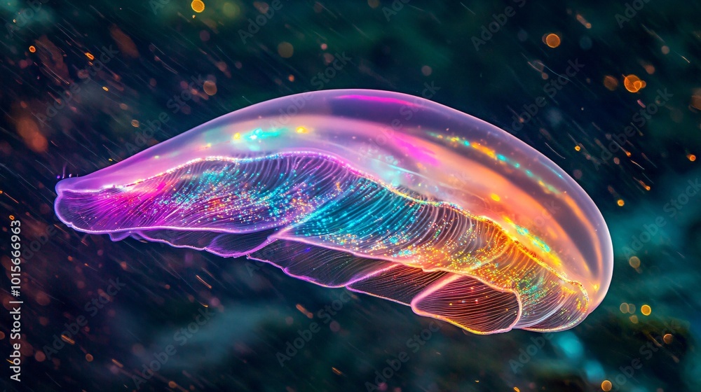 Naklejka premium Ethereal Jellyfish Floating in Colorful Abyss