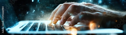 Modern Art Surrealism of Extreme close-up of a hand typing on a laptop keyboard, with the blurred background of a white table featuring business tools