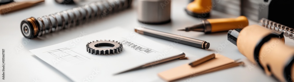 Fototapeta premium fashion editorial of Image capturing various engineering sketches and a notepad with design ideas, placed on a white table next to a set of drafting tools, representing the planning phase