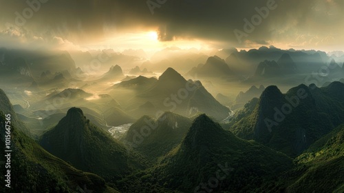 Golden Sunrise Over Lush Mountain Landscape photo