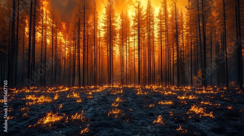 Blackened fir trees stand tall after a forest fire, their charred remains a testament to nature's resilience.