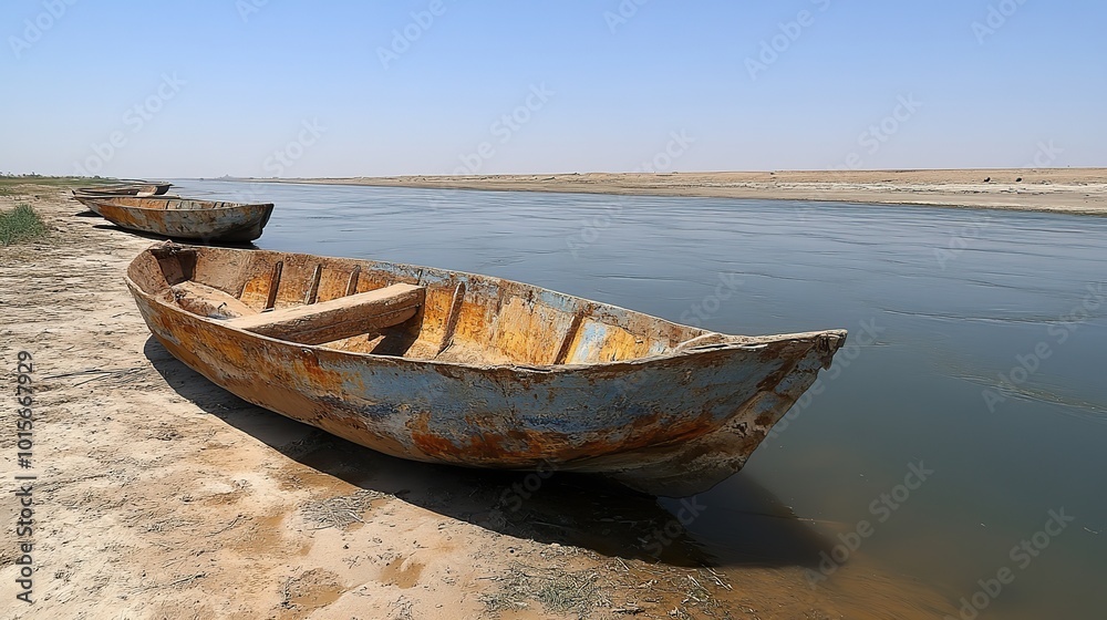 Boats sit abandoned along the receding shoreline of the Euphrates River in southern Iraq, left by a drought caused by climate change. Boats sit abandoned along the receding shoreline of the Euphrates River in southern Iraq, left by a drought caused by climate change.