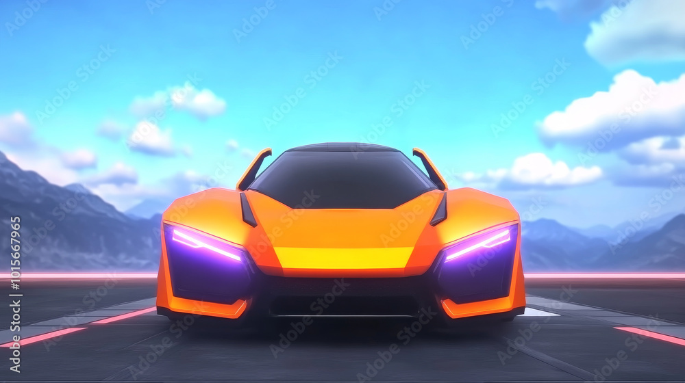 Fototapeta premium A bright orange sports car sits on a racetrack with mountains in the background.