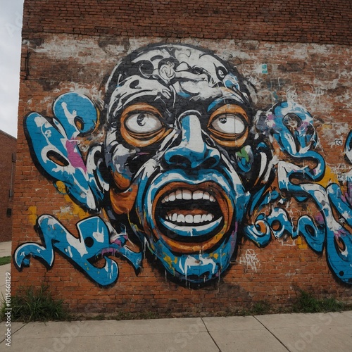 Eky’s graffiti mural with exaggerated faces and dynamic patterns, splashed across a brick wall against a white background. photo