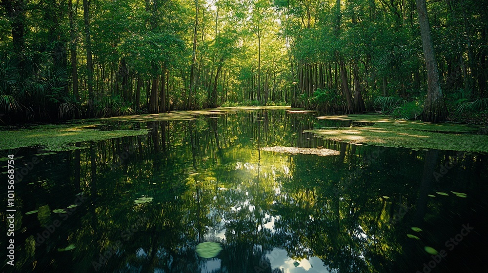 Tranquil swamp with lush greenery and calm water. Tranquil swamp with lush greenery and calm water.